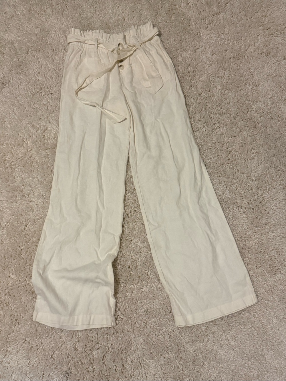 Paperbag High-Waist Wide-Leg Pants in Cream